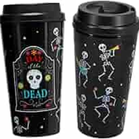 Cristar Black Day of The Dead Travel Coffee Mugs Plastic Halloween Set of 2 - Picture 1 of 5